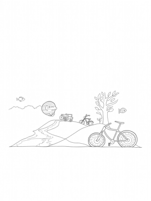 Giant Bicycle and Whimsical Vehicles in a Colorful Landscape
