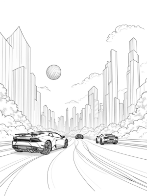 Futuristic Cityscape with Lamborghinis and Neon Skyscrapers