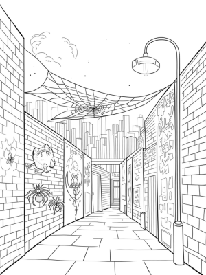 Twilight City Skyline with Spider Webs and Graffiti