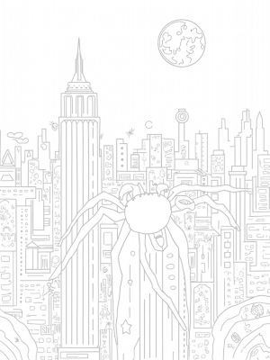 Urban Skyline with Spider Silk and Clock