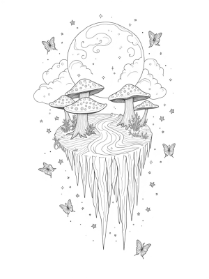 Floating Island with Giant Mushrooms and Starry River