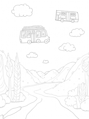 Floating Buses in a Colorful Cityscape