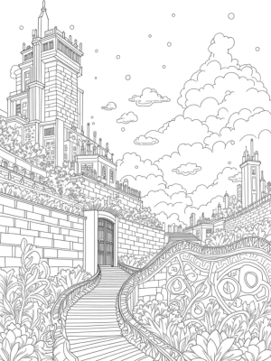 Intricate Stone Wall with Floating Buildings and Titans