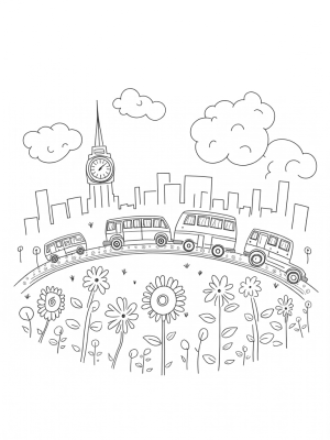 Floating Buses in a Rainbow Cityscape