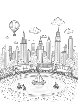 Steam Trains and Teacup Balloons in a Colorful Cityscape