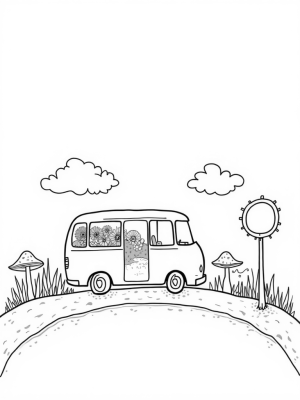 Sunflower-Shaped Bus Surrounded by Mushrooms and Flowers