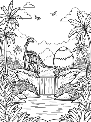 Prehistoric Jungle with Dinosaur Skeleton and Glowing Egg