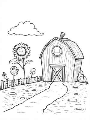 Giant Apple Barn with a Sunflower and Spiraled Carrots