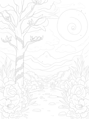 Serene Garden with Towering Tree and Stream