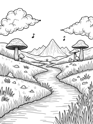 Surreal Landscape with Giant Mushrooms and Musical Mountains