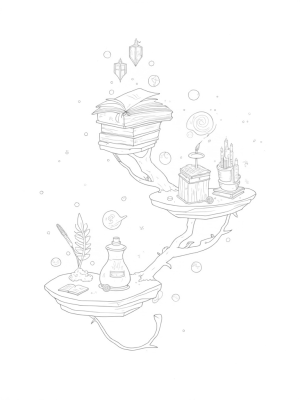 Floating Wizarding Library with Enchanted Tome