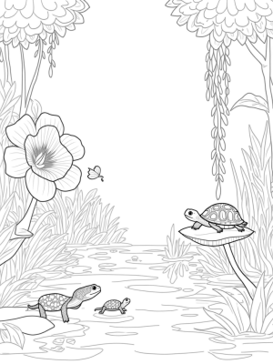 Turtle on a Lily Pad with Colorful Butterflies and Chameleons