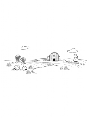 Colorful Patchwork Farm with Sunflowers and an Apple Barn
