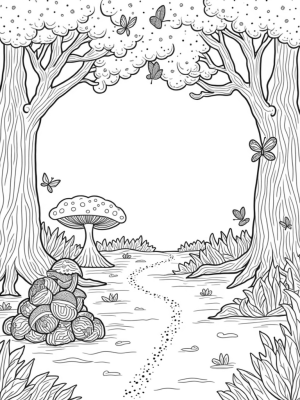Enchanted Forest Clearing with Giant Mushrooms and Butterflies