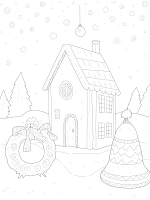 Gingerbread House with Candy Cane Pillars and a Snowman