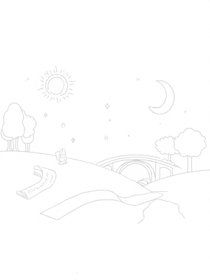 Day and Night Landscape with Scrolls and Stars