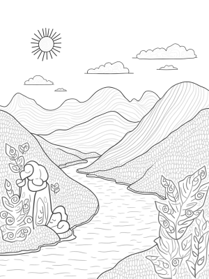 Dreamy Hills with Daisies and a Mosaic River