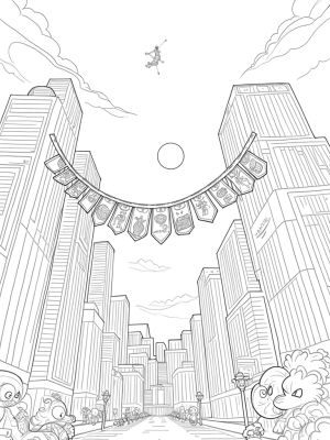 Twisting Skyscrapers and Cartoon Insects in a Starry Cityscape