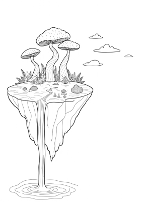 Floating Island with Waterfall and Geometric Flowers