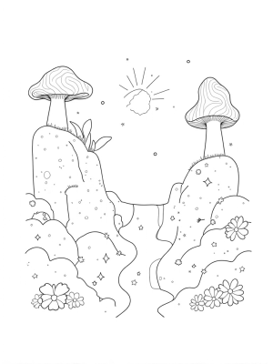 Floating Islands with Oversized Mushrooms and a Spiraling Waterfall