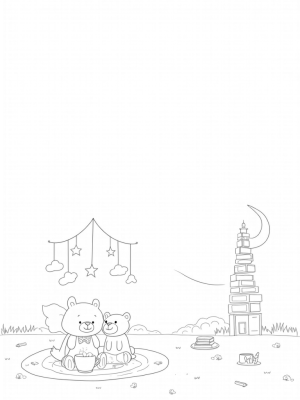 Giant Mobile and Plush Friends in a Nursery Landscape