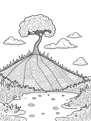 Quilted Hillside with Spiraling Tree and Tranquil Pond