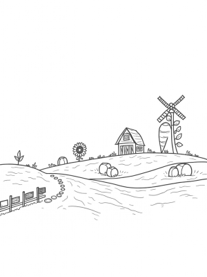 Giant Sunflower Windmill and Oversized Carrot Farm Scene