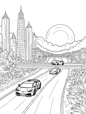 Futuristic City with Lamborghini Silhouettes