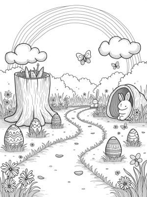 Decorated Eggs and Bunny Clouds in a Garden