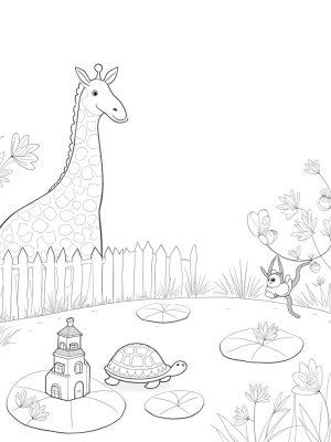Giraffe, Tortoise, and Butterflies in a Colorful Garden