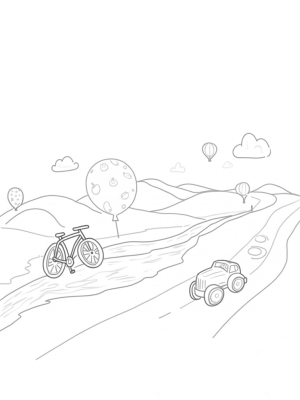Floating Bicycle with Balloon Wheels in a Colorful Landscape