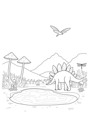 Stegosaurus by the Bubbling Hot Spring in a Prehistoric Jungle