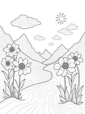 Rolling Landscape with Oversized Flowers and Ink River