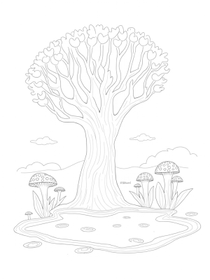 Giant Tree with Luminous Flowers and a Serene Pond
