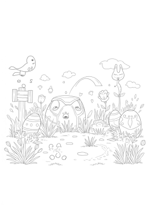 Whimsical Garden with Patterned Eggs and Bunny Clouds