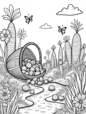 Giant Basket of Colorful Eggs in a Flower Garden