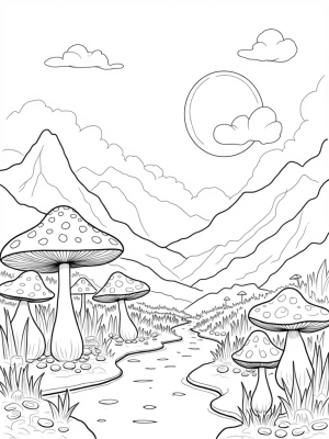 Whimsical Valley with Umbrella Flowers and Toadstools