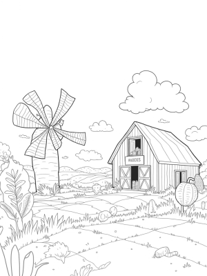 Vibrant Farmyard with Giant Vegetables and a Spinning Windmill