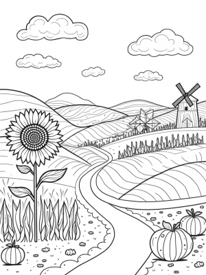 Patchwork Farm Landscape with Giant Sunflower and Apple Barn