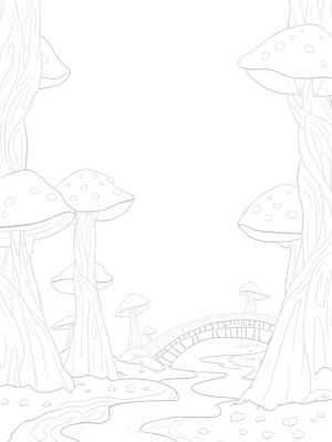 Giant Mushrooms and Lantern Tree in a Forest Clearing