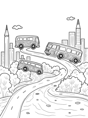 Floating Buses in a Colorful Cityscape
