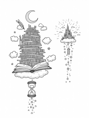 Floating Library with Enchanted Quills and Magical Creatures