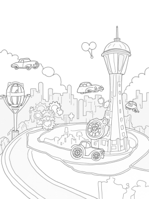 Floating Vintage Cars in a Whimsical Cityscape