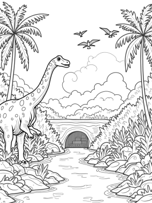 Friendly Brontosaurus and Colorful Pterodactyls in a Prehistoric Jungle