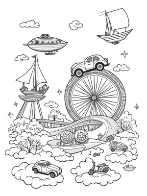 Floating Cityscape with Vintage Cars and Giant Bicycle