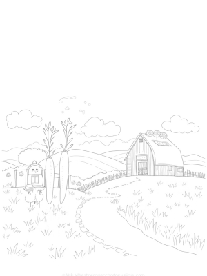 Giant Apple Barn with Oversized Carrots and Sunflowers