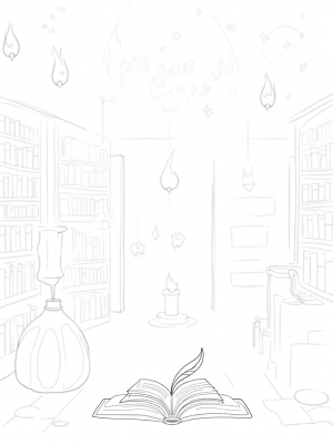 Enchanted Library with Bubbling Cauldron and Floating Candles