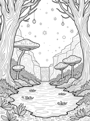 Enchanted Forest with Giant Trees and Crystal Pond