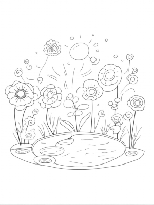 Colorful Circle Garden with Sun and Pond