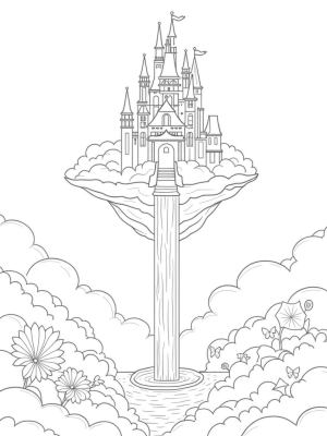 Floating Castle with Waterfall and Crystal Butterflies